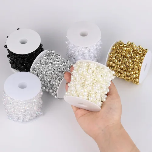 Vista 4 de Cadikez Cadena de 98 pies de cuentas de perlas, rollo de cuentas de perlas de imitación negras de 8 mm y 3 mm a granel para decoración de flores