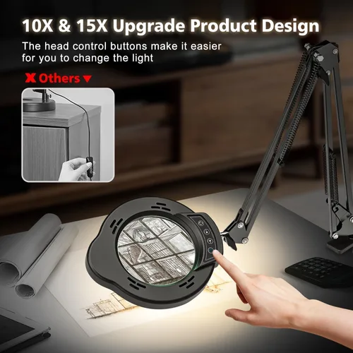 Vista 6 de Lupa con luz y abrazadera, lámpara de aumento de escritorio de 15X 10X, lupa de lente de cristal real de 84 LED, 5 modos de color regulable sin