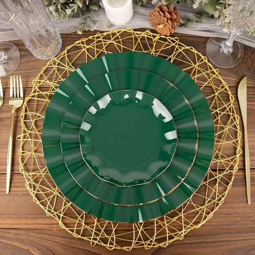 Vista 204 de Tableclothsfactory Paquete de 10 platos redondos de plástico negro de 6 pulgadas para ensalada de postre, platos desechables con borde ondulado