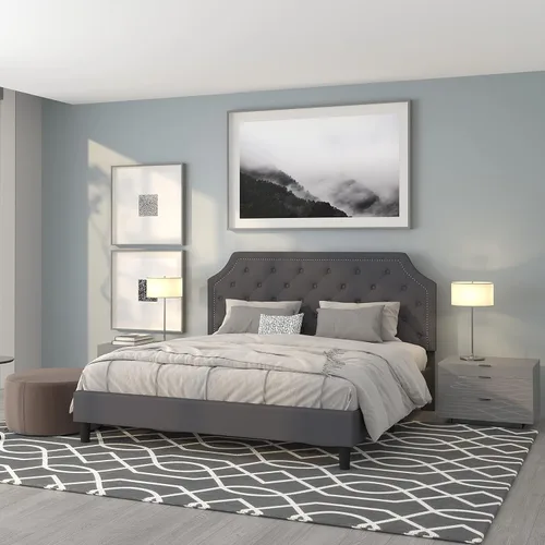 Vista 19 de EMMA + OLIVER Base de cama tapizada con diseño arqueado y diseño capitoné en tela beige
