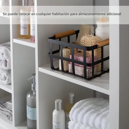 Vista 2 de Simplify Cesta de almacenamiento cuadrada de metal con asas de bambú Mediana Cesta de alambre estilo granja Organizador para el hogar Negro