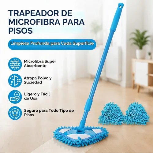 Vista 4 de Trapeador de limpieza triangular ajustable giratorio de 180°, mopas húmedas y secas con mango largo extensible, trapeador de limpieza con 2 Azul