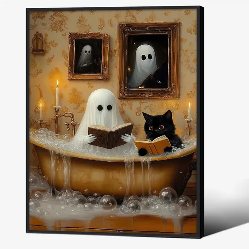 Vista 42 de Lienzo enmarcado negro para pared, póster de Halloween Dark Academia, pintura de gato negro, fantasma en la bañera, imágenes góticas de terror