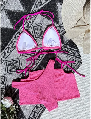 Vista 5 de GIANTHONG Conjunto de bikini de cintura alta con cuello redondo y espalda cruzada para mujer, traje de baño de tres piezas con estampado de vaca