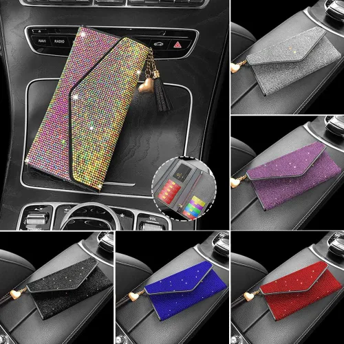 Vista 3 de ikasus Bling Bling - Funda para tarjetas con bolsillo de piel, con cremallera, multifuncional, de gran capacidad, con diamantes de imitación