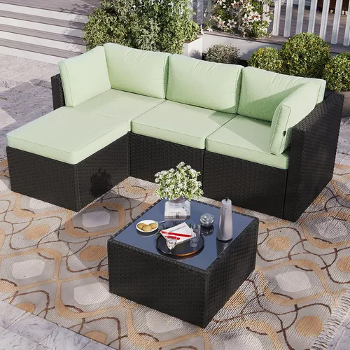 Vista 11 de Aoxun Juego de muebles de patio de 5 piezas, sofás seccionales para exteriores con cojín lavable, juegos de conversación de mimbre para patio Beige