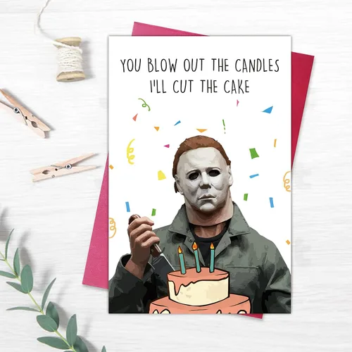 Vista 4 de Norssiby Tarjeta de cumpleaños espeluznante y divertida de Michael Myers I'll Cut The Cake, tarjeta de felicitación de cumpleaños asesino