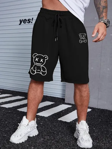 Vista 2 de GORGLITTER Pantalones cortos de entrenamiento con estampado gráfico de oso para hombre, talla grande, con cordón en la cintura, pantalones cortos