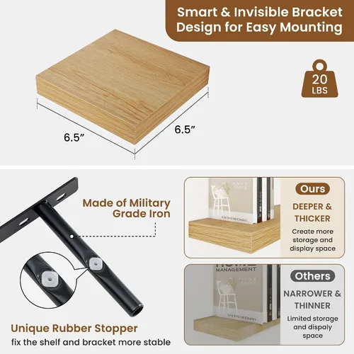 Vista 3 de fuqing Estantes flotantes para pared, estante flotante de madera montado en la pared con soportes invisibles para sala de estar, baño, dormitorio