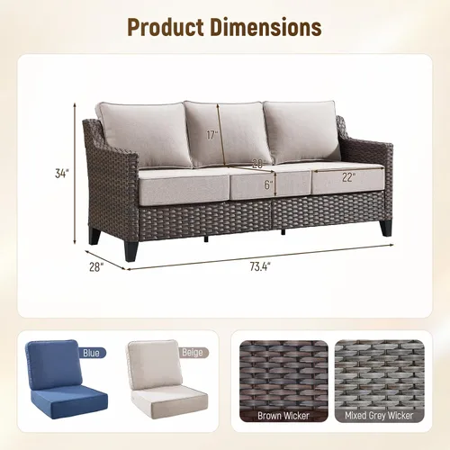 Vista 2 de Belord Sofá de patio exterior acolchado de 3 asientos de lujo de 6 pulgadas Cojín de mimbre marrón/beige de 6 pulgadas