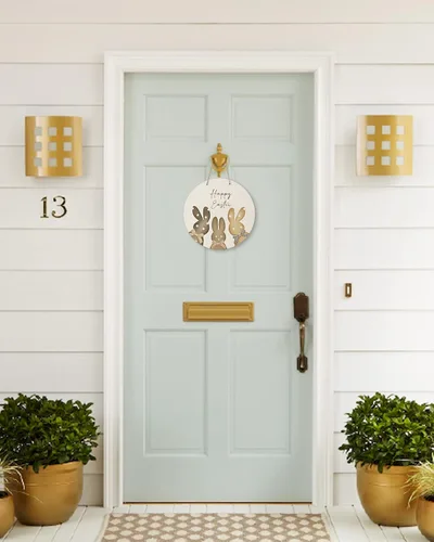 Vista 3 de Seasonal Front Door Welcome Sign, Happy Easter Bunny Rabbit Bow Round Wood Wreaths Wall Hanging Sign for Outdoor Porch Wall Pediments Home Decor