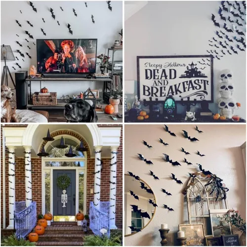Vista 9 de Decoración de pared de murciélagos 3D de Halloween, 70 unidades, 5 tamaños diferentes, color negro mate, reutilizables, de PVC, calcomanías