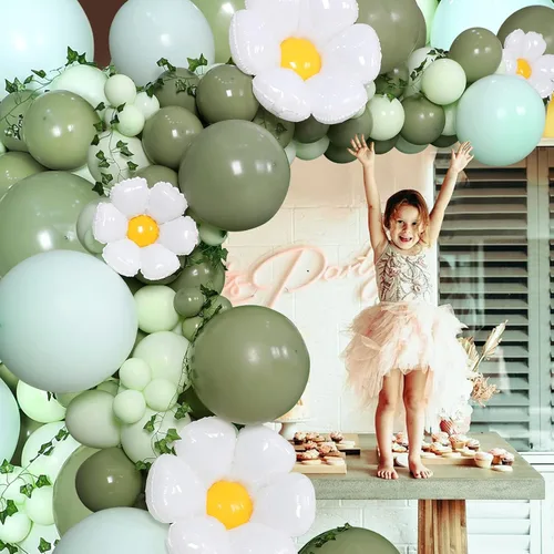 Vista 3 de Kit de guirnalda de arco de globos de margaritas de flores, globos de color verde salvia pastel macarrón, arco de globos de dinosaurio hawaiano
