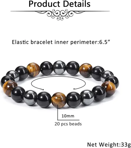 Vista 5 de Jovivi Pulseras de hematita negra de obsidiana con ojo de tigre para hombres y mujeres, 0.394 pulgadas (0.394 in), cuentas redondas naturales