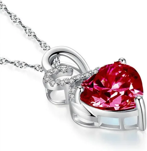 Vista 2 de The Diamond Deal Collar con colgante de piedra preciosa de rubí rojo y piedra natal de julio, corazón y diamantes en plata de ley 925, Diamante, Rubí