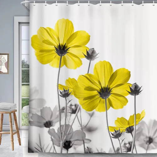 Vista 8 de MERCHR Cortina única floral azul para decoración de baño, cortina de ducha estilo granja con flores de margarita azul y gris elegantes y diseño