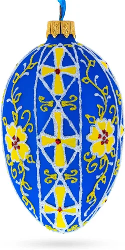 Vista 2 de Adorno de huevo de cristal con diseño floral amarillo de 4 pulgadas