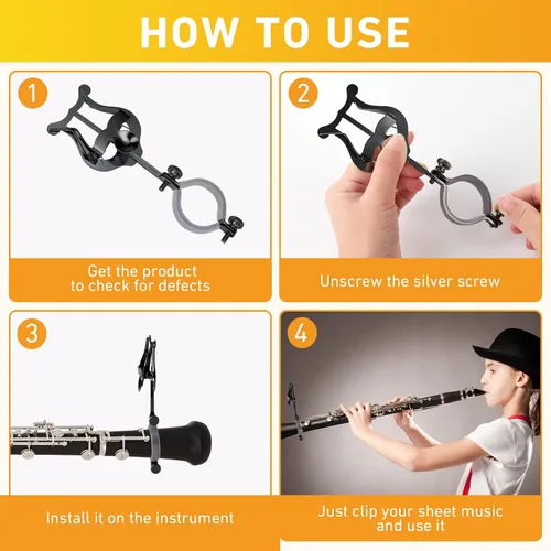 Vista 4 de Lira de clarinete, paquete de 2 soportes de lira de clarinete negros para banda de marcha, clip de partitura de clarinete y oboe de 6.02 pulgadas