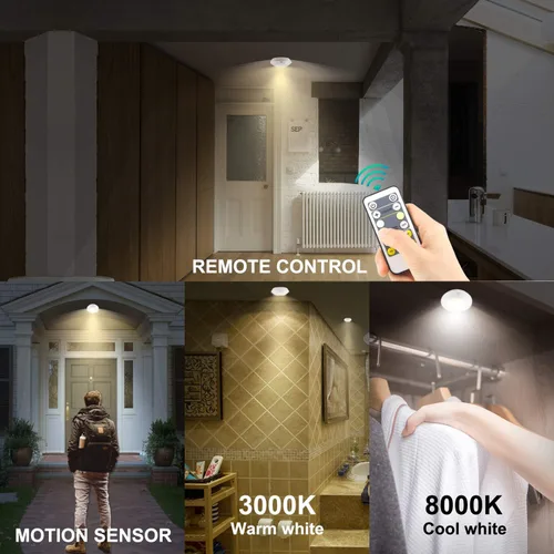 Vista 3 de HONWELL Lámpara de techo LED a pilas, luz de techo con sensor de movimiento, luz de ducha inalámbrica con control remoto RF de 80 pies a través