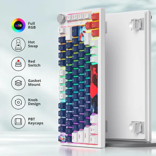 Vista 3 de Teclado mecánico 75% para juegos, teclado de montaje en junta con cable, 82 teclas, teclado intercambiable en caliente, perilla retroiluminada RGB