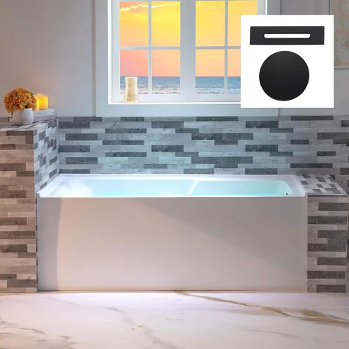 Vista 13 de WOODBRIDGE Bañera rectangular de acrílico de 60 pulgadas en blanco con drenaje derecho, drenaje desplegable de níquel cepillado incluido BA6030R