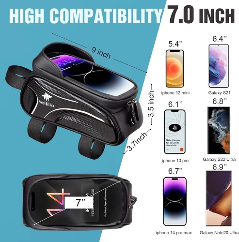 Vista 4 de WOLFILIST Bolsa de bicicleta - Bolsa impermeable para marco de bicicleta con cubierta de lluvia para visera solar, soporte para teléfono
