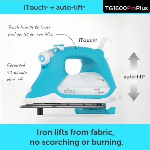 Vista 5 de Oliso TG1600 Pro Plus SmartIron de 1800 vatios con elevación automática y protector de suela de hierro de silicona Oliso Solemate y cubierta