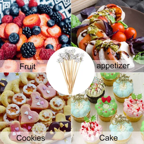 Vista 4 de Púas de cóctel de copos de nieve de Navidad, hechas a mano, variadas frutas, palillos de bambú para tartas de copos de nieve, para bebidas, frutas