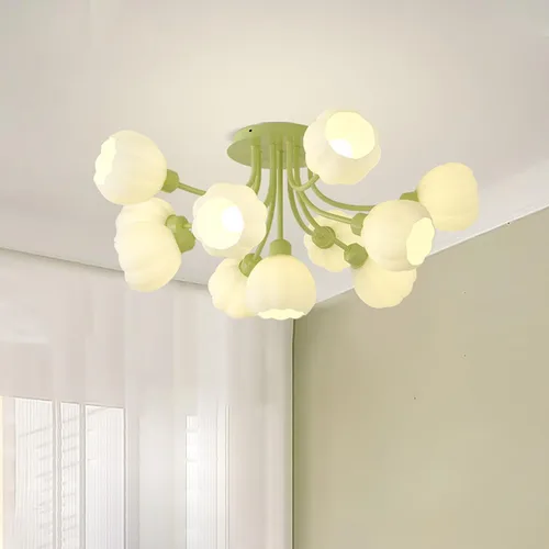 Vista 9 de Lámpara de techo verde de 7 luces, lámpara de cristal acanalada, luces de montaje semiempotradas con pantalla de globo de vidrio, iluminación
