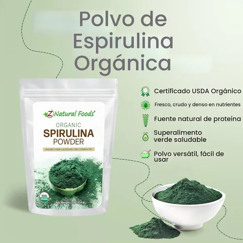 Vista 2 de Z Natural Foods Polvo de espirulina orgánica – Espirulina 100% pura, superalimento de algas azul-verdes densas en nutrientes con aminoácidos, 15
