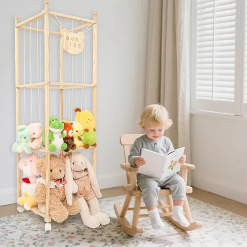 Vista 8 de Organizador de zoológico de almacenamiento de animales de peluche, soporte alto de torre de madera para juguetes de peluche grandes, exhibición