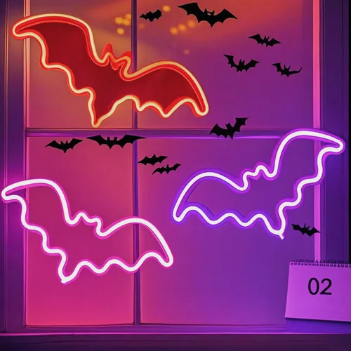 Vista 20 de Letreros de neón de murciélago para dormitorio, mesita de noche, decoración de pared, decoración de Halloween, luces LED de noche, adornos de mesa