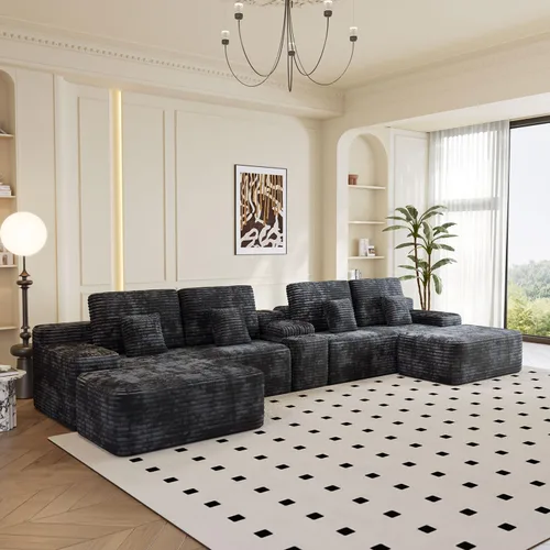 Vista 3 de KEIKI 150" Sofá seccional modular de gamuza en forma de U extragrande con 2 otomanos y consola multifuncional, sofá tapizado de 6 plazas con USB y 2