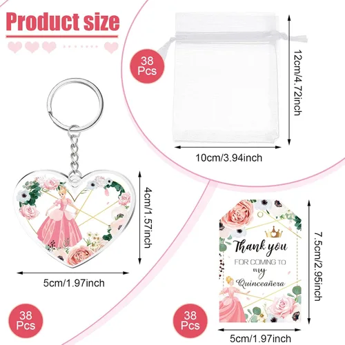Vista 2 de Sureio 38 juegos de recuerdos de fiesta de quinceañera para invitados, llavero de corazón rosa, regalos de quinceañera para niña, princesa