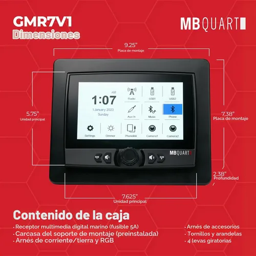 Vista 4 de MB Quart Sistema de audio de doble zona estéreo de coche con pantalla táctil portátil para barco y UTV, negro
