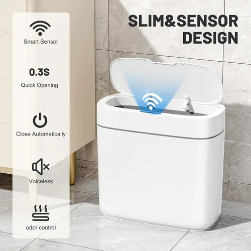 Vista 3 de JUDRDO Bote de basura pequeño para baño, 3.5 galones, automático, sin contacto, con tapa, sensor de movimiento, delgado, impermeable, cesta