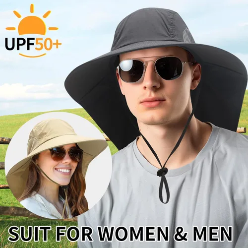 Vista 2 de PFFY Sun Bucket Hats for Men Women UV Protection Sun Hat with Neck Flap Caqui Sólido