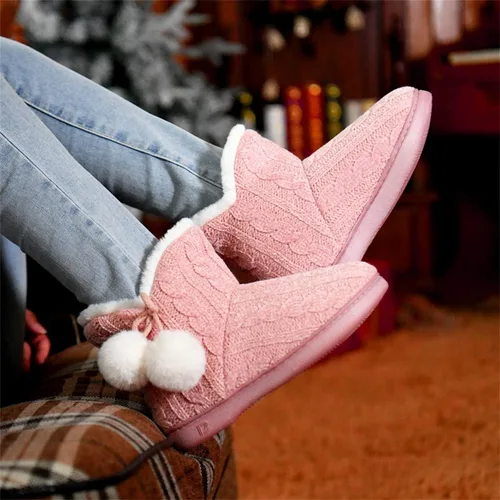 Vista 3 de DL Pantuflas de mujer cálidas para el hogar, esponjosas y lindas para el invierno, cómodas botas de espuma viscoelástica de punto trenzado, botas