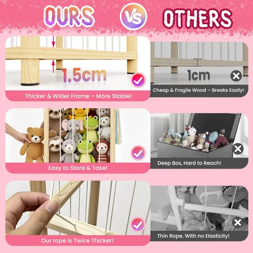 Vista 5 de Almacenamiento de animales de peluche: organizador grande de almacenamiento de juguetes de madera con 1 red de almacenamiento extraíble para colgar