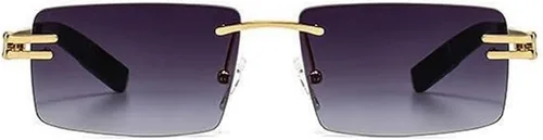 Vista 2 de Lentes de sol rectangulares con marco de metal dorado sin montura morada para mujeres y hombres, estilo vintage, hip hop, años 90, protección UV