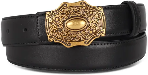 Vista 252 de Cinturón de cuero clásico con hebilla de metal para mujer con vestido de jeans