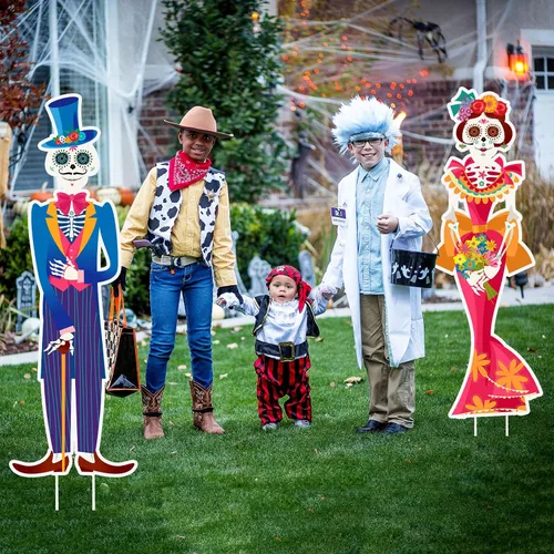 Vista 6 de Namalu Paquete de 2 carteles de Día de los Muertos para patio al aire libre, decoraciones de césped con calavera de azúcar con estacas para fiesta