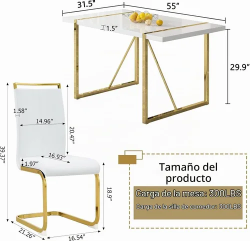 Vista 3 de Ebullient Juego de mesa de comedor para 4, mesa de comedor rectangular y sillas de comedor de piel sintética blanca, juego de mesa de comedor de 5