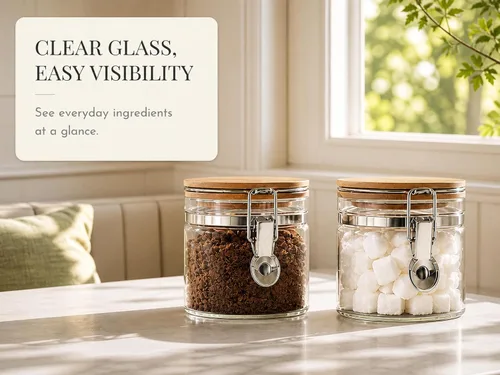 Vista 6 de Tarros de vidrio de borosilicato transparente con abrazadera de bloqueo hermético, tapas de bambú para cocina, sin BPA