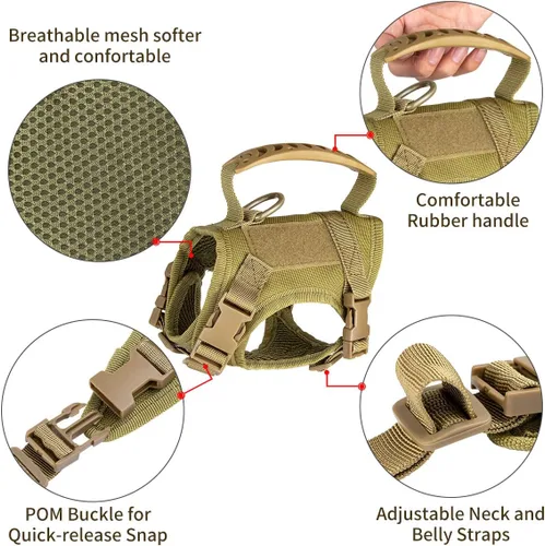 Vista 4 de Chaleco táctico de nailon ajustable para perro, cómodo chaleco acolchado de malla con hebilla de liberación rápida y mango de goma para perros