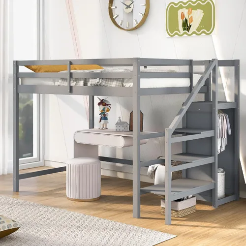 Vista 12 de Cama alta moderna con cajones de almacenamiento y escaleras, cama de madera tamaño individual con estantes y barandillas, para niños, niñas