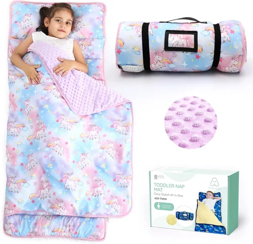 Vista 14 de ACRABROS Tapete para siesta para niños pequeños con almohada y manta, grandes alfombrillas enrolladas para siestas, bolsas de dormir para niños