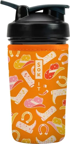 Vista 4 de Sok It BotlSok Botella Mezcladora de Proteínas con Funda Aislante de Neopreno (Floral Abstracto, Se Ajusta a Mezcladoras de 24oz)