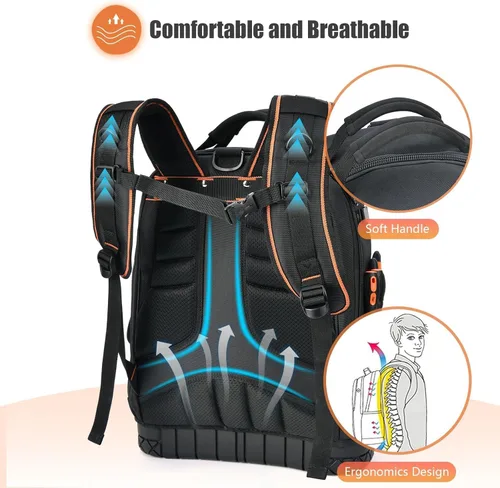 Vista 6 de Mochila para herramientas con 2 bolsas de herramientas de lona, kit de herramientas, mochila de herramientas para construcción resistente HVAC