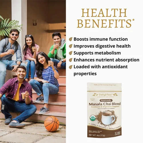 Vista 4 de DelighTeas Masala Chai orgánico en polvo con taza de té inspiradora Especias ayurvédicas para té chai latte, batido, cocina Sin azúcar, vegano